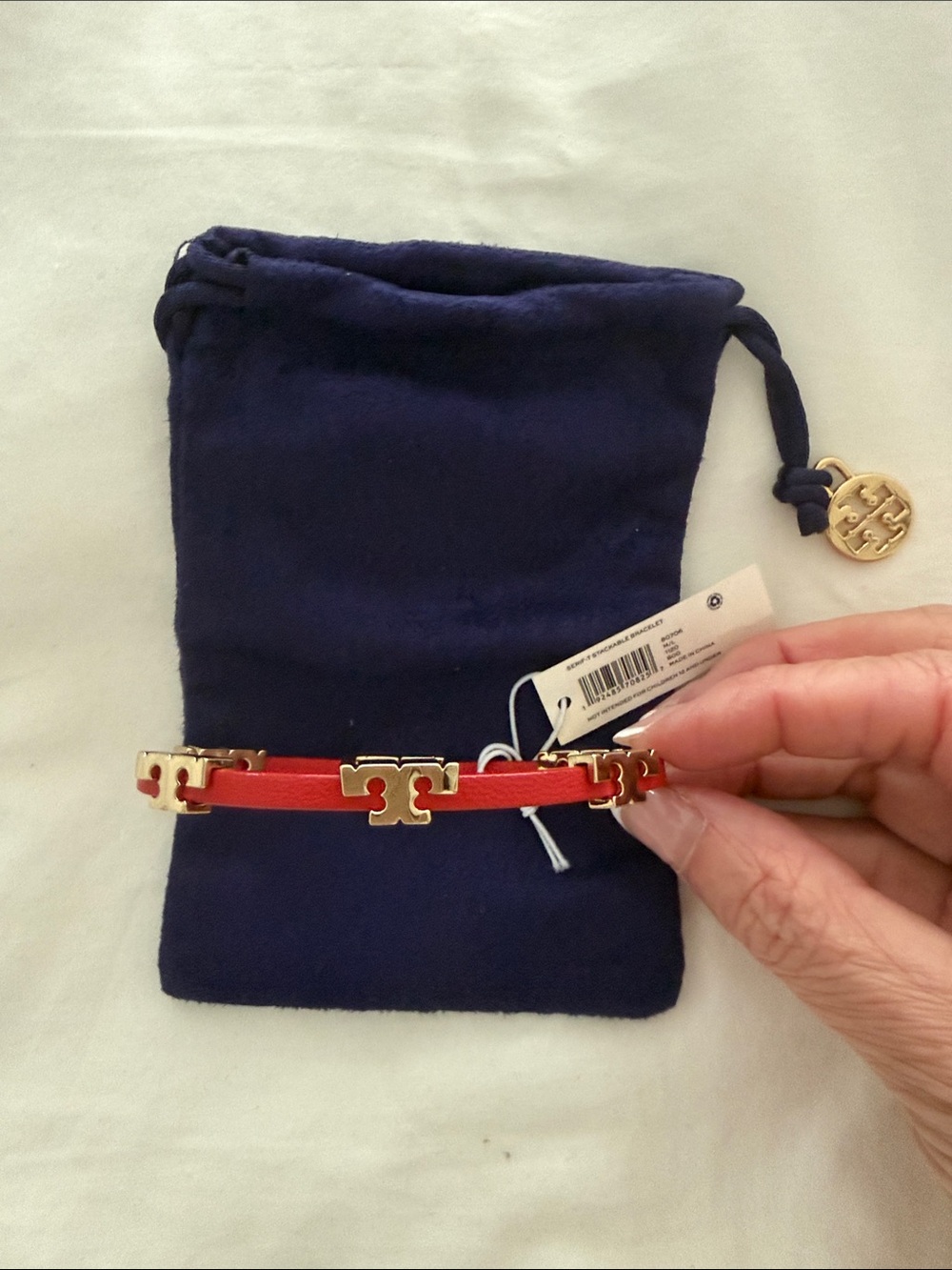 Tory Burch Red Leather Bracelet with Gold Logo Links